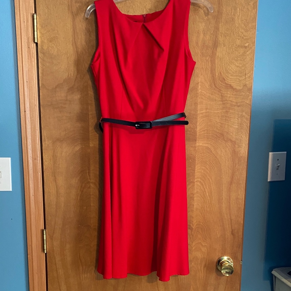 AB Studio Vibrant Red Midi Dress with Black Belt